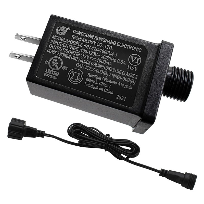 Airoads 12V 12W Low Voltage Transformer with Extension Cord Class 2 Power Supply Replacement Yard Inflatable Adapter Model RH-120V1000U4-1 Waterproof Ip44 US Plug for Christmas String Light Decorations - Image 1